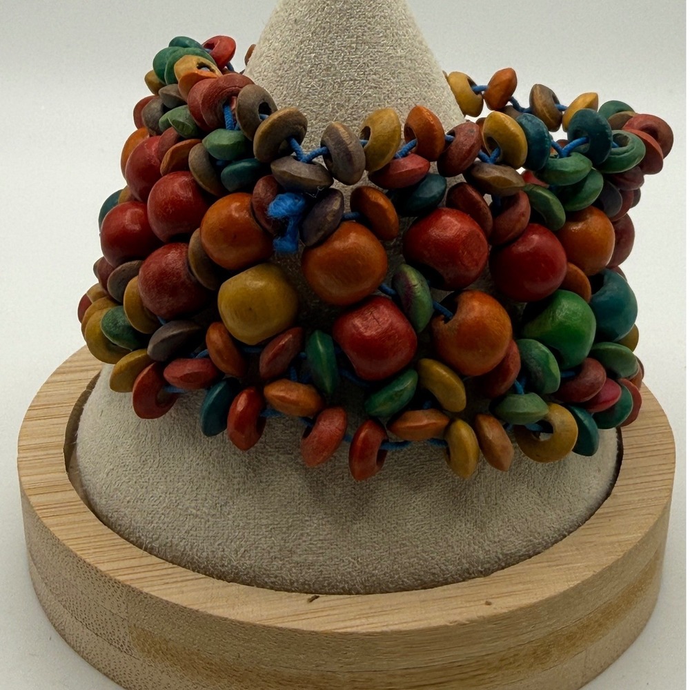 Boho Multi Color Chunky Wood Bead Stretch Statement Bracelet 7"+